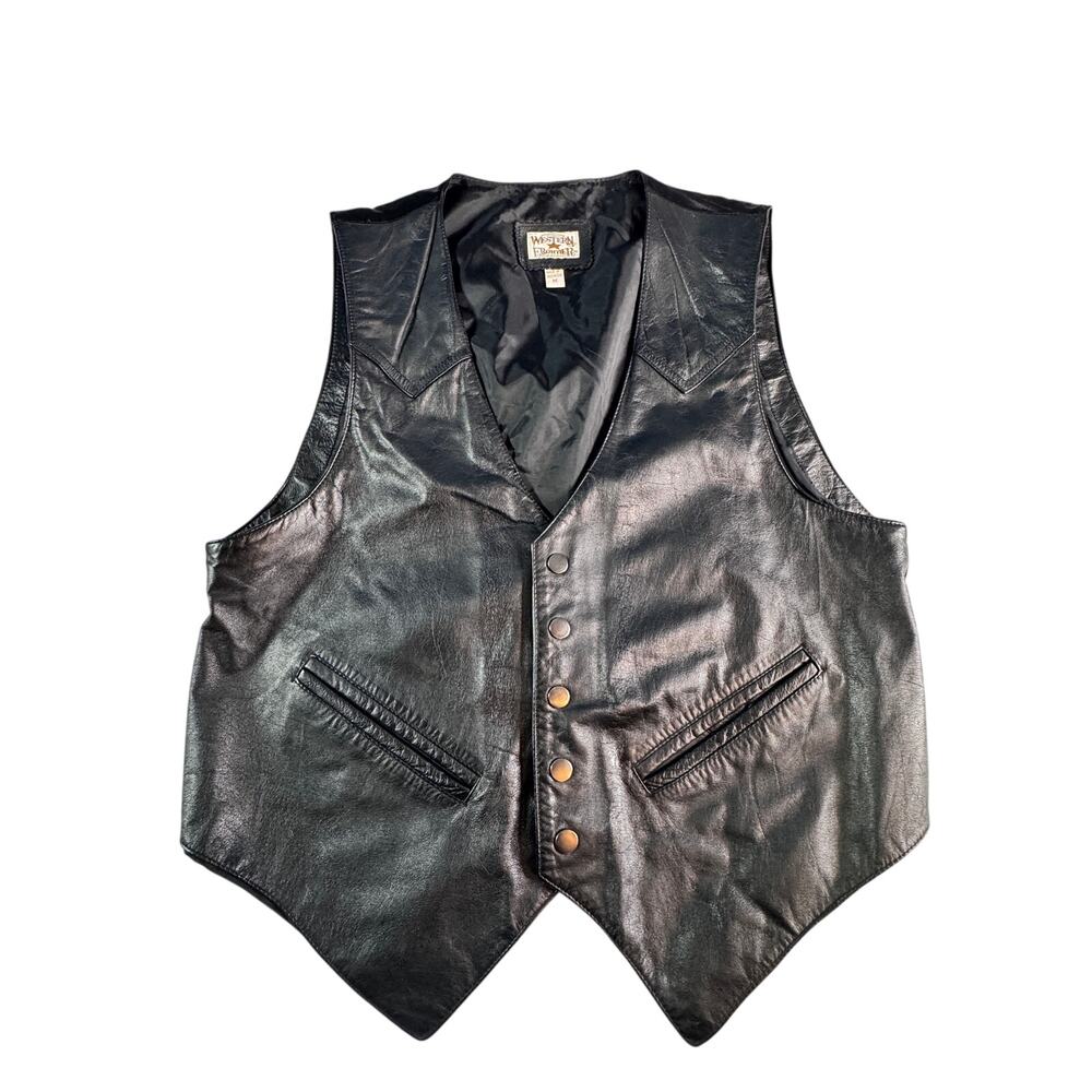Vintage Western Frontier Black Leather Western Biker Vest Snap  Mens Medium